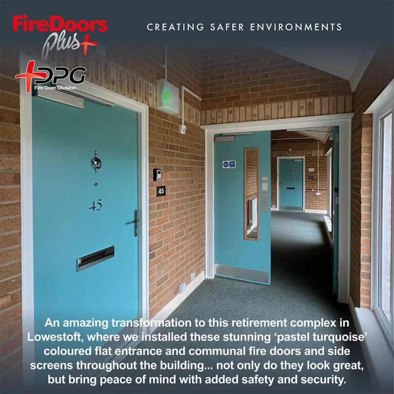 Pastel turquoise fire doors - entrance and communal